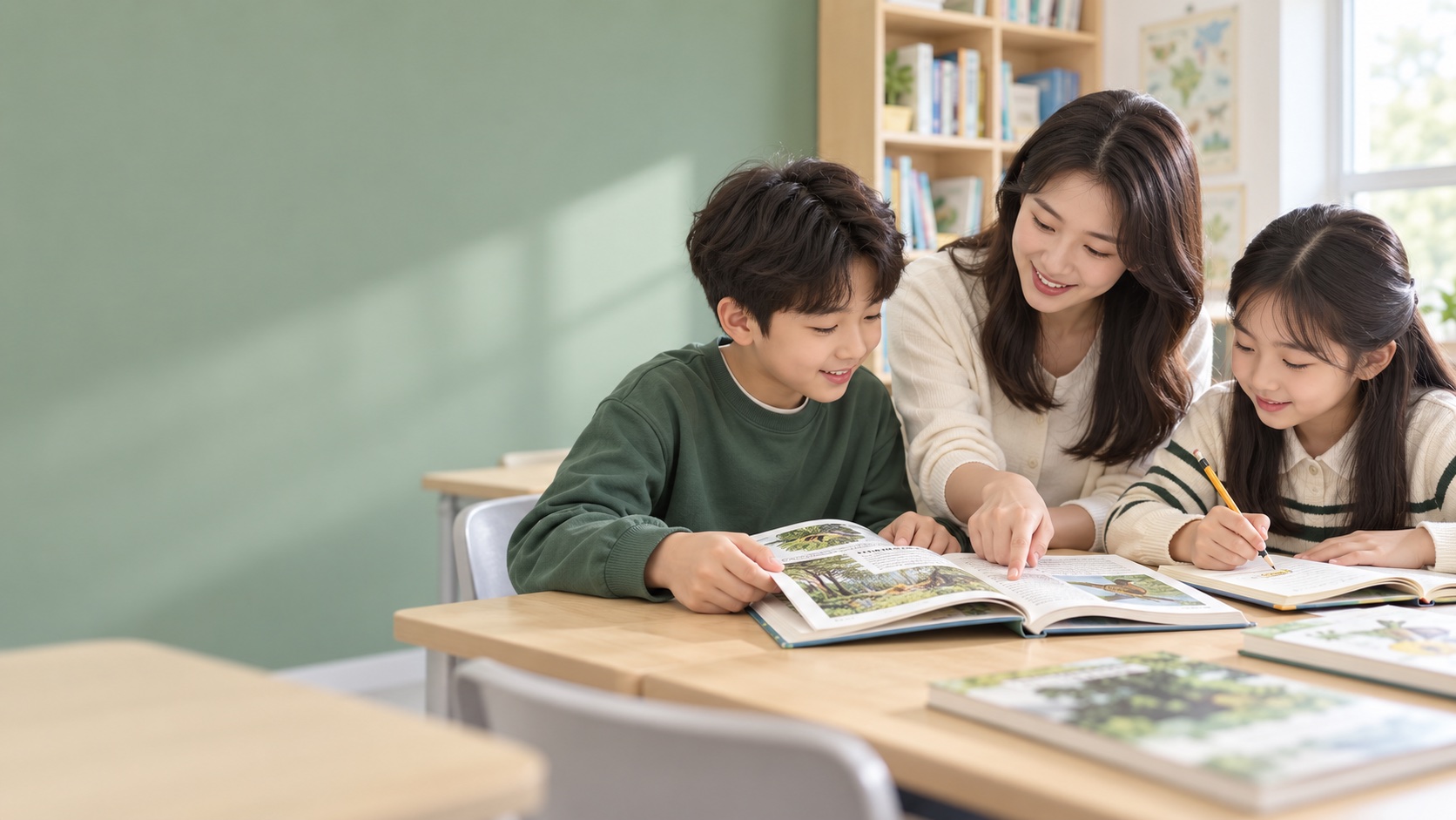 학생들이 선생님과 책을 읽고 독서장을 작성하는 독서교육 수업 표현 이미지